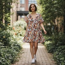Cupshe Mini Dress Womens M Multi Tropical Monstera Leaf Babydoll Boho Summer