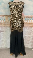 Gatsby Maxi Evening Dress 14 16 Black Gold Beaded Sequin Formal Gatsby Deco