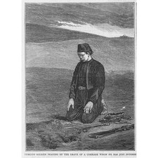 RUSSO TURKISH WAR Turkish Soldier Praying at a Grave - Antique Print 1877