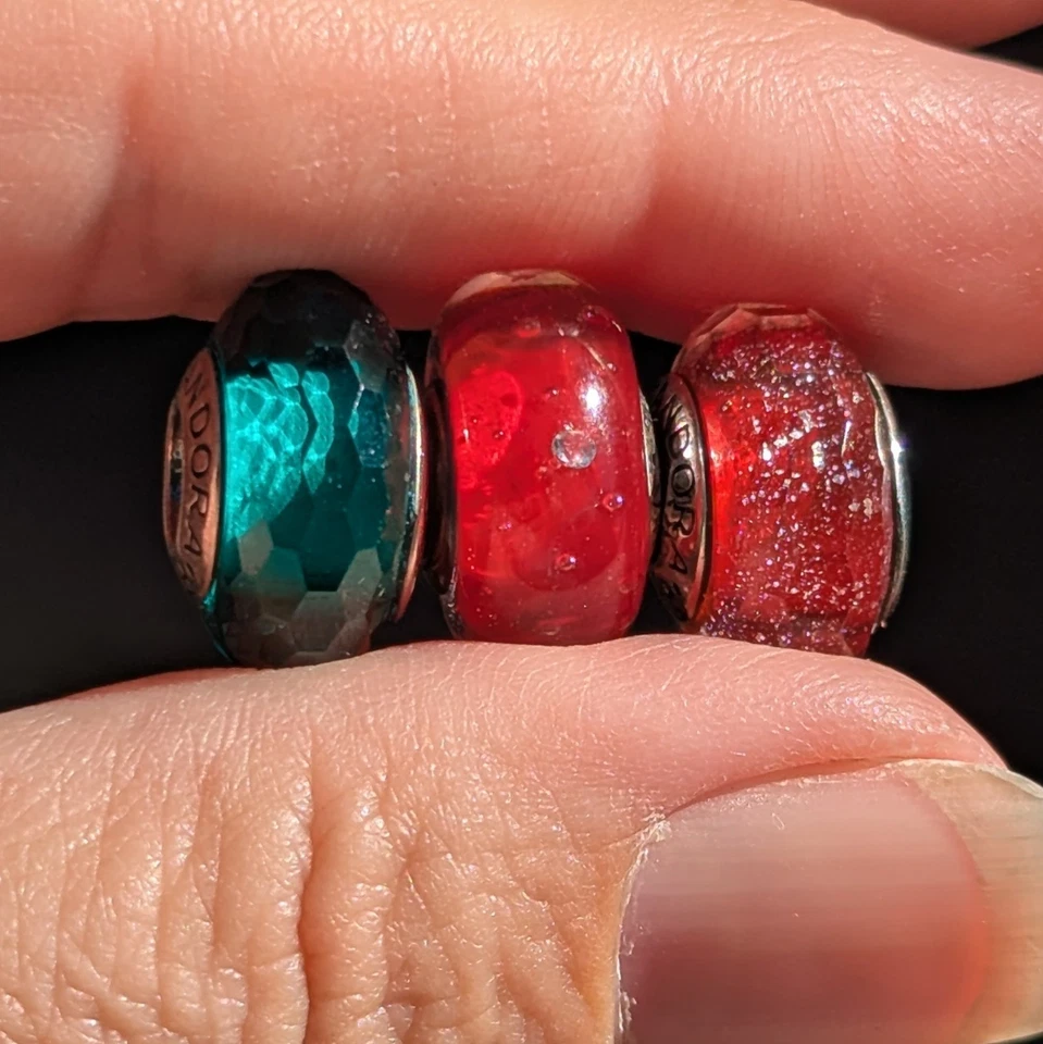 Lot of 3 925 Pandora Authentic Red & Green Faceted and Bubbles Glass Charms - Image 2 of 4