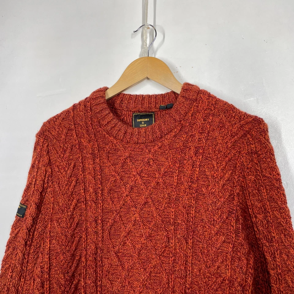 Superdry Jumper Mens M Orange Burnt Rust Aran Cable Knit Wool Blend - Image 2 of 4