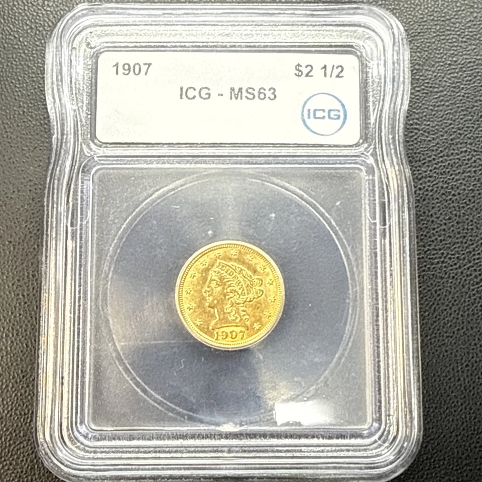 Moneda de 2,5 dólares cabeza libertad oro 1907 P MS63 cuarto de águila ICG MS 63 BU SIN CIRCULAR CON BRILLO Foto 2 de 4