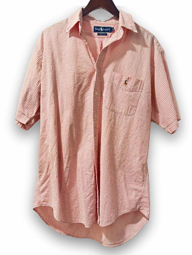 Polo Ralph Lauren, Vintage Polo Ralph Lauren 1990s Pink Striped Seersucker Button-Up Shirt Medium