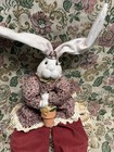 Vtg Fabric Shelf Sitter Rabbit, Floral Dress Lace Trim, Red Pants Holding Pot. — photo 2