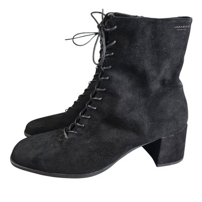Vagabond Shoemakers Marja Black Suede Lace Up Block Heel Ankle Boots Woman US 10