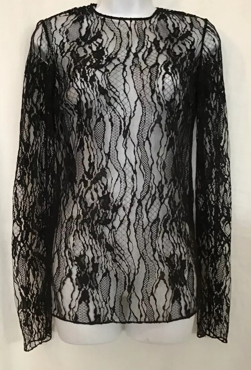 Camicia Saint Laurent nero pizzo collo a maniche lunghe cerniera lato su nuova con etichette F 38