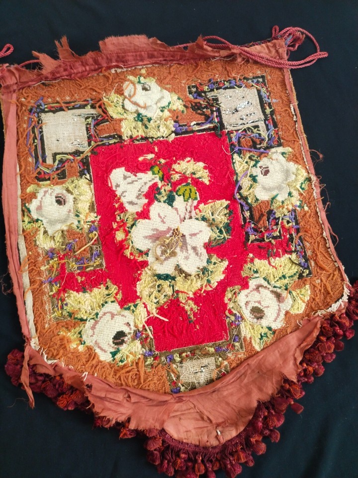 antique french needlepoint beaded embroidery textile crosstitch panel