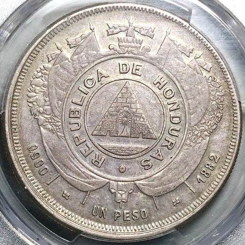 1882 PCGS AU 53 Honduras 1 Peso Rare 76k Standing Liberty Silver Coin (25042203C
