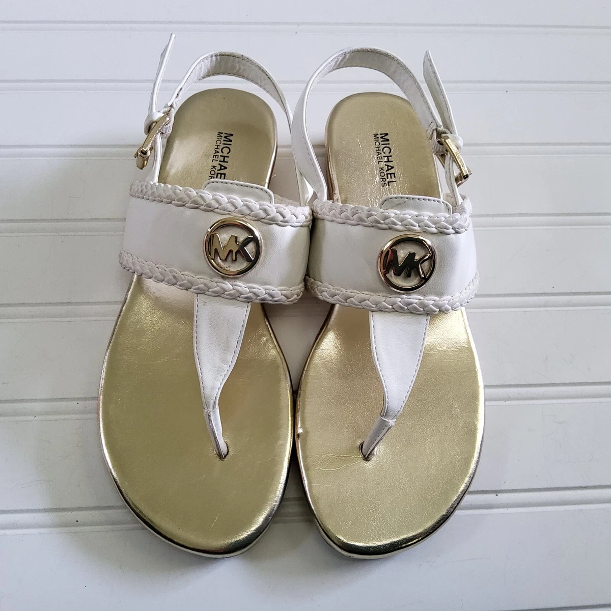 Michael Kors MK Signature Briar Thongs Flat Sandals White Vanilla Gold US  Size 8  eBay