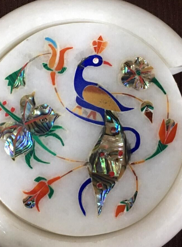 4" Round White Marble Coaster Set Semi Precious Stone Peacock Inlay Office Decor - Picture 3 of 9