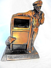Vintage USPS Bronze Finish Metal "Delivering the Mail" Coin Bank Mailman and Dog