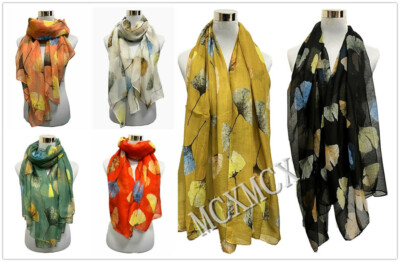 Damen Frauen langer Ginkgoblatt Blätter Muster Print Schal Kette Stola 