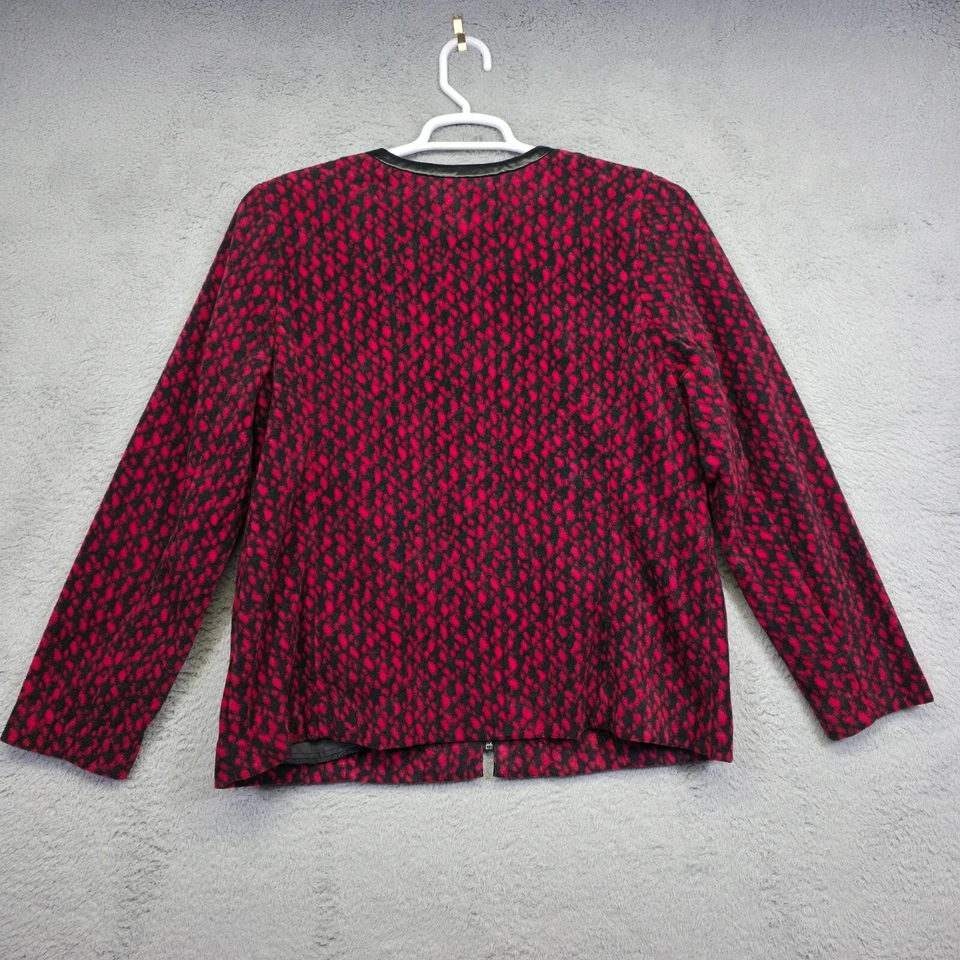 Chaqueta Bob Mackie Mujer L Roja Negra Estampado Animal Imitación Cuero Borde Retro Preppy Foto 3 de 4