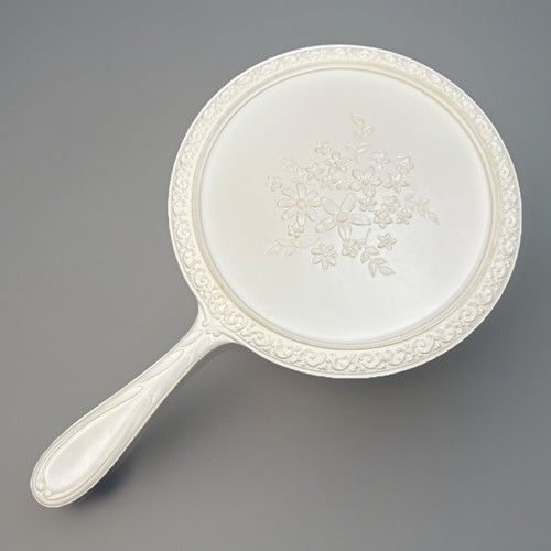 Vintage Marbled White Hand Mirror With Flower Design Rare