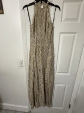GUESS Geometric Lace Halter Maxi Dress Pom Pom Trim Beige Lined Side Slits S