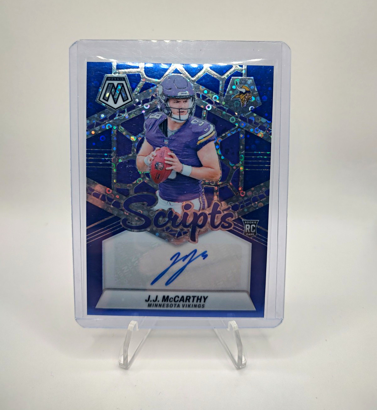 2024 Panini Mosaic J.J. McCarthy  Scripts RS-JJM (AU, RC) Blue No Huddle Disco