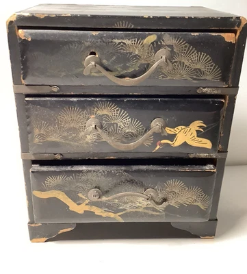Vintage Japanese Tansu Hand Painted Mini 3 Drawer Jewelry Trinket Box NEEDS TLC - Image 1 of 4