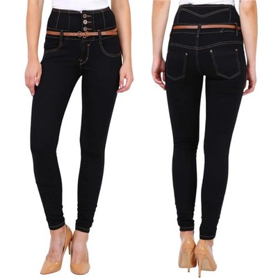 Damen High Waist Röhrenjeans Slim Fit Hose Stretchhose Skinny Jeans mit Gürtel