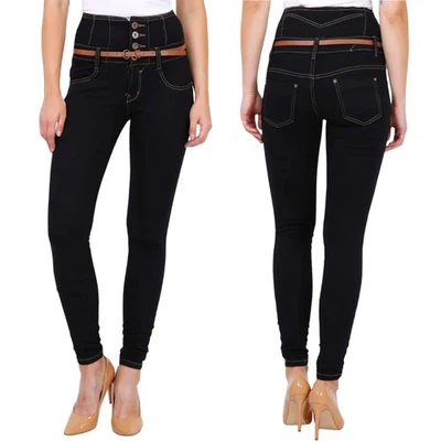 Damen High Waist Röhrenjeans Slim Fit Hose Stretchhose Skinny Jeans mit Gürtel - Bild 1 von 4