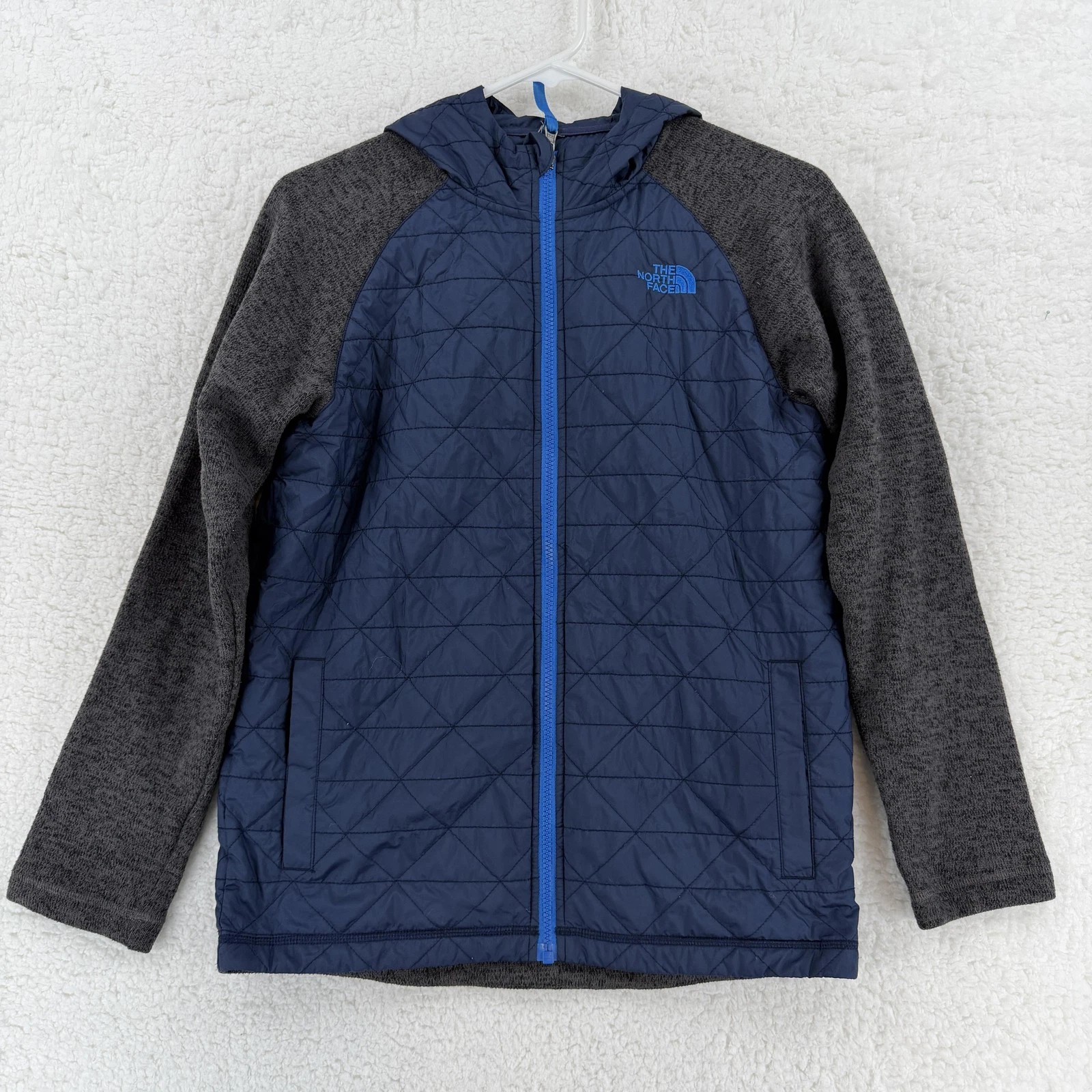 The North Face Jacket Youth Large Blue Gray Quilted Hooded Full Zip Hybrid