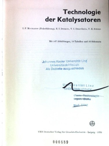 Technologie der Katalysatoren. Muchlenov, Ivan P., Siegfried Engels und V. E. So