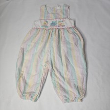 Vintage Infant 12 Months Overalls Jumpsuit Pastel Striped Seersucker Embroidered