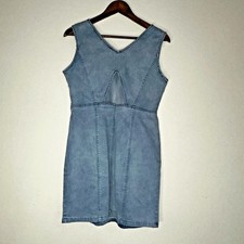 Womens Denim Jean Sleeveless Dress Pockets and Triangle Back Open fits L Rare
