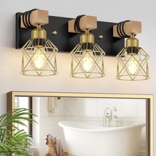 FadimiKoo 3-Light Farmhouse Bathroom Vanity Light Black  Gold Wood