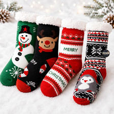 Womens Christmas Fuzzy Slipper Socks Non-Slip Fleece Lined Warm Winter Size 9-11