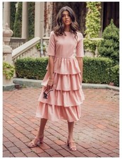 Jessakae Pink Eiffel Tiered Ruffle Midi Dress Sz Large Feminine Cottagecore