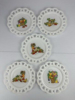 Set Of 5 Vintage Reticulated White Milk Glass Fruit Vegetable Pattern Plates