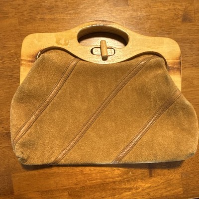 Brown Clutch Top Handle Wood Accents Clasp Closure Lined Inner Pockets