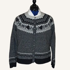 Eddie Bauer Women's Gray Ivory Lamb's Wool Nordic Fair Isle Cardigan Size XL