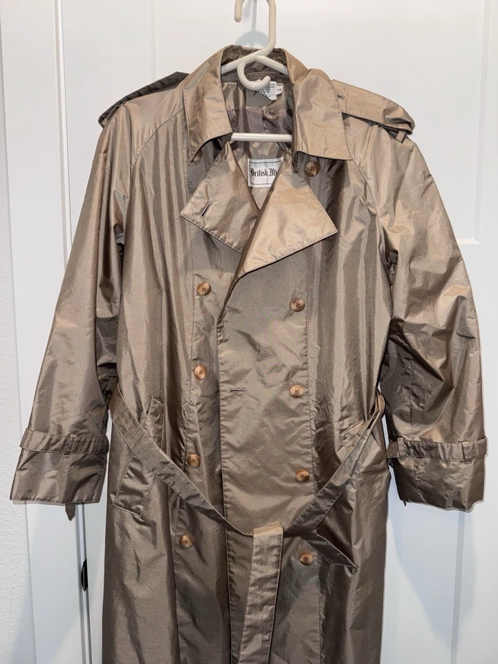 De Colección British Mist Largo Doble Pecho Trench Impermeable Mujer Talla 14 Retro Dinero Antiguo Foto 2 de 4