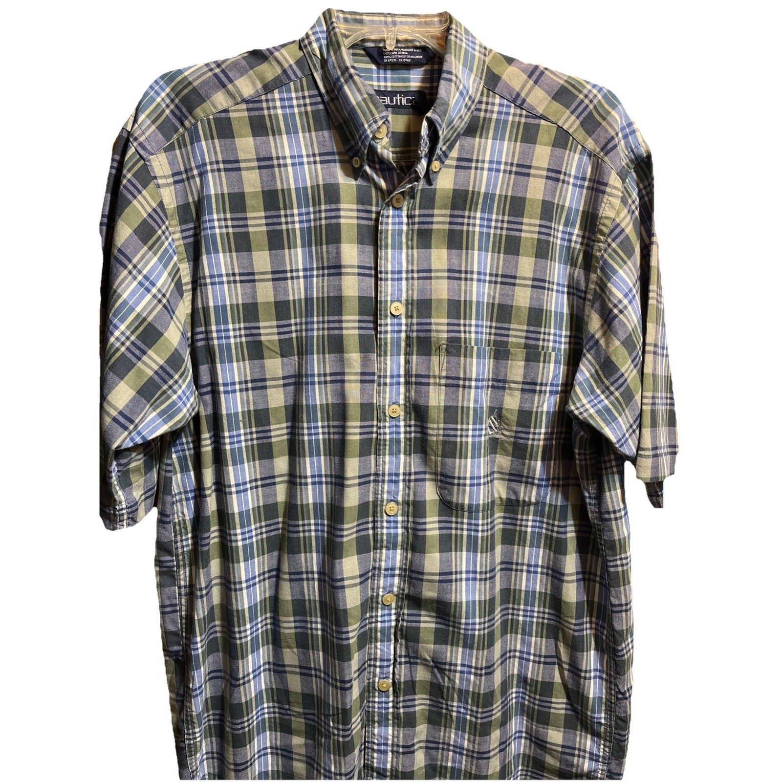 Nautica VTG Shirt Mens M Blue Green Plaid Button Up Short Sleeve Casual Pocket