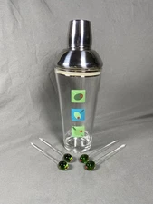 Glass Cocktail Drink Shaker Olive Design W/ 4 Glass Olive Picks Drink Stirrers