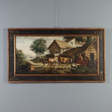 Dipinto Antico Paesaggio Bucolico con Figure e Animali XIX Secolo Originale