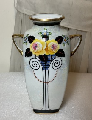 Beautiful Antique Noritake Japan Hand Painted Porcelain Art Deco Vase 11.25  H
