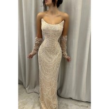 Luxury Sequins Pearls Beaded Prom Dresses Strapless Mermaid Long Evening Dress