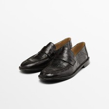 Massimo Dutti Women's Alligator Print Loafers Genuine Leather Pointed Toe