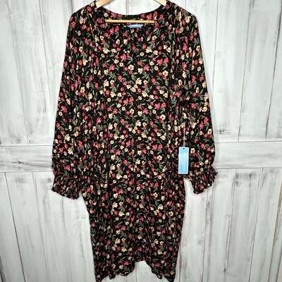 NWT DRAPER JAMES BLACK FLORAL V-NECK 3/4 BALLOON ELBOW SLEEVE SHIFT DRESS 3XL