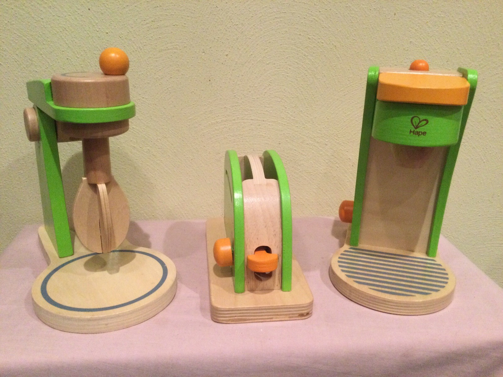 HAPE WOOD KITCHEN PLAY APPLIANCE SET, TOASTER, MIXER, COFFEE
