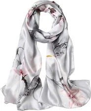 100% Mulberry Silk Scarfs for Women Floral Print Satin Long Scarf for Headsca...