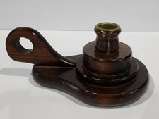 Vintage Wooden Chamber Candlestick Holder With Brass Insert