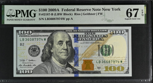 Stany Zjednoczone 100 dolarów USA 2009A P 536 B New York Superb Gem UNC PMG 67 EPQ - Zdjęcie 1 z 1