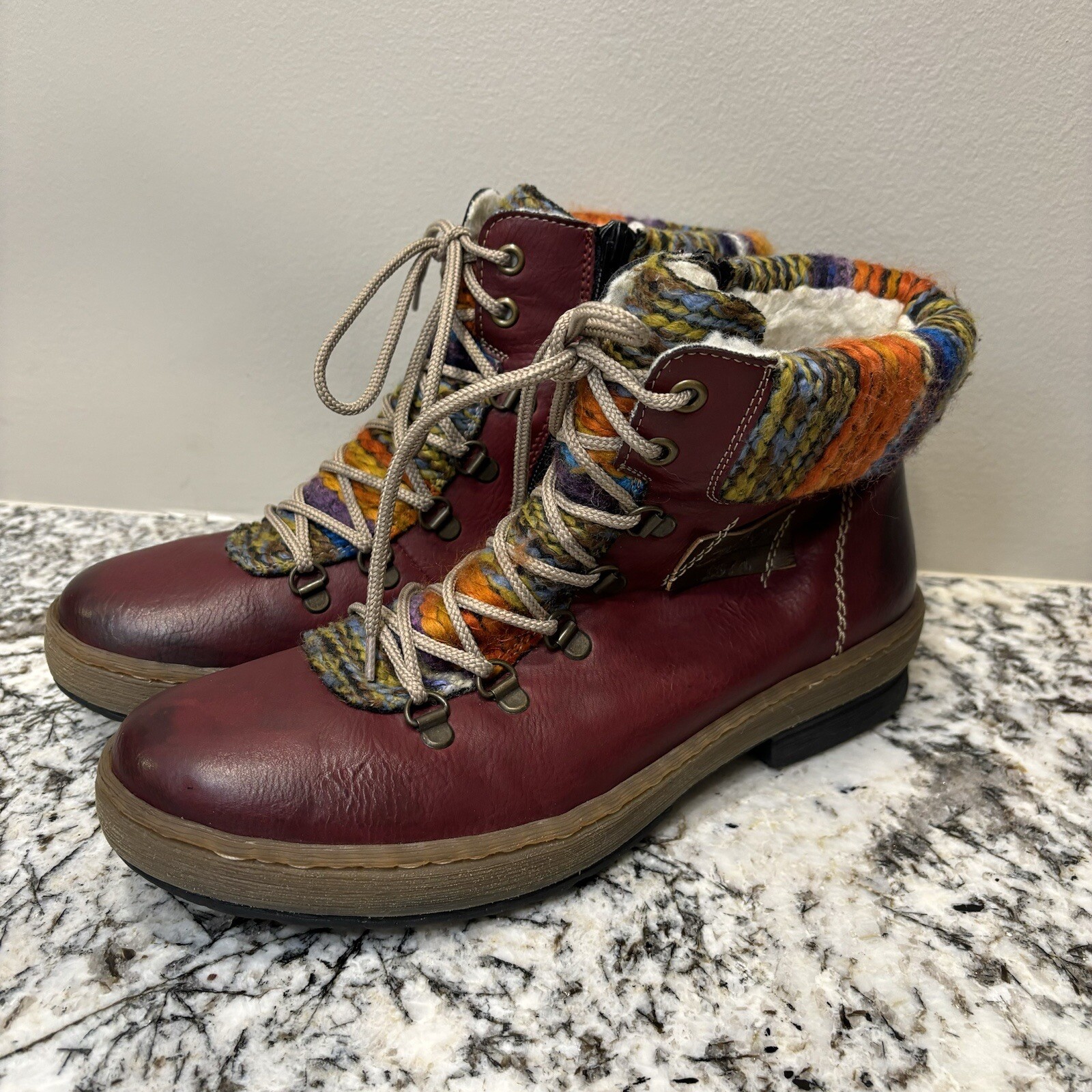 Rieker Felicitas Boots Woven Wool Lined Ankle Maroon Size 40 Size 8.5 Women’s