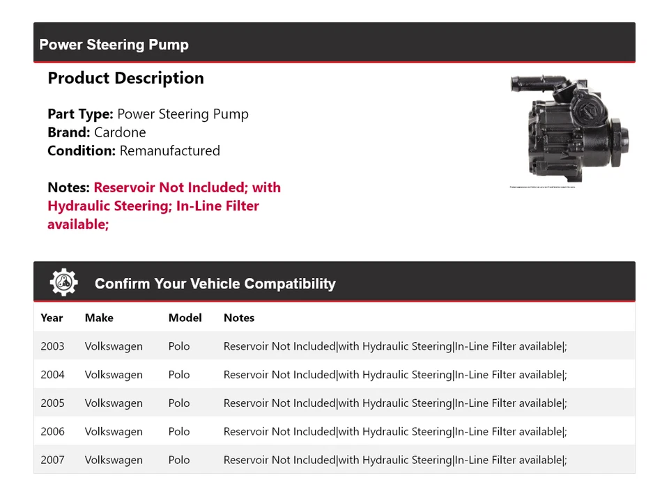 For 2003-2007 Volkswagen Polo Power Steering Pump Cardone 2004 2005 2006 - Image 2 of 4