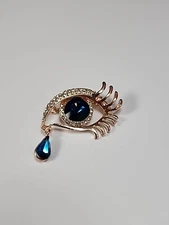 Evil Eye Brooch Pin Faceted Faux Gems Dangling Blue Teardrop Gold Eyelashes