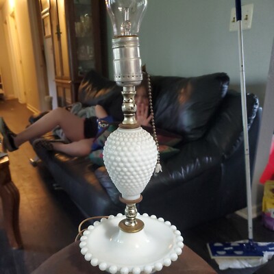 Vintage White Hobnail Milk Glass and Wood Table Lamp 