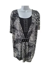 Victoria Womens Top Layered Stretch Black Animal Print Bling Short Sleeve XL/XX